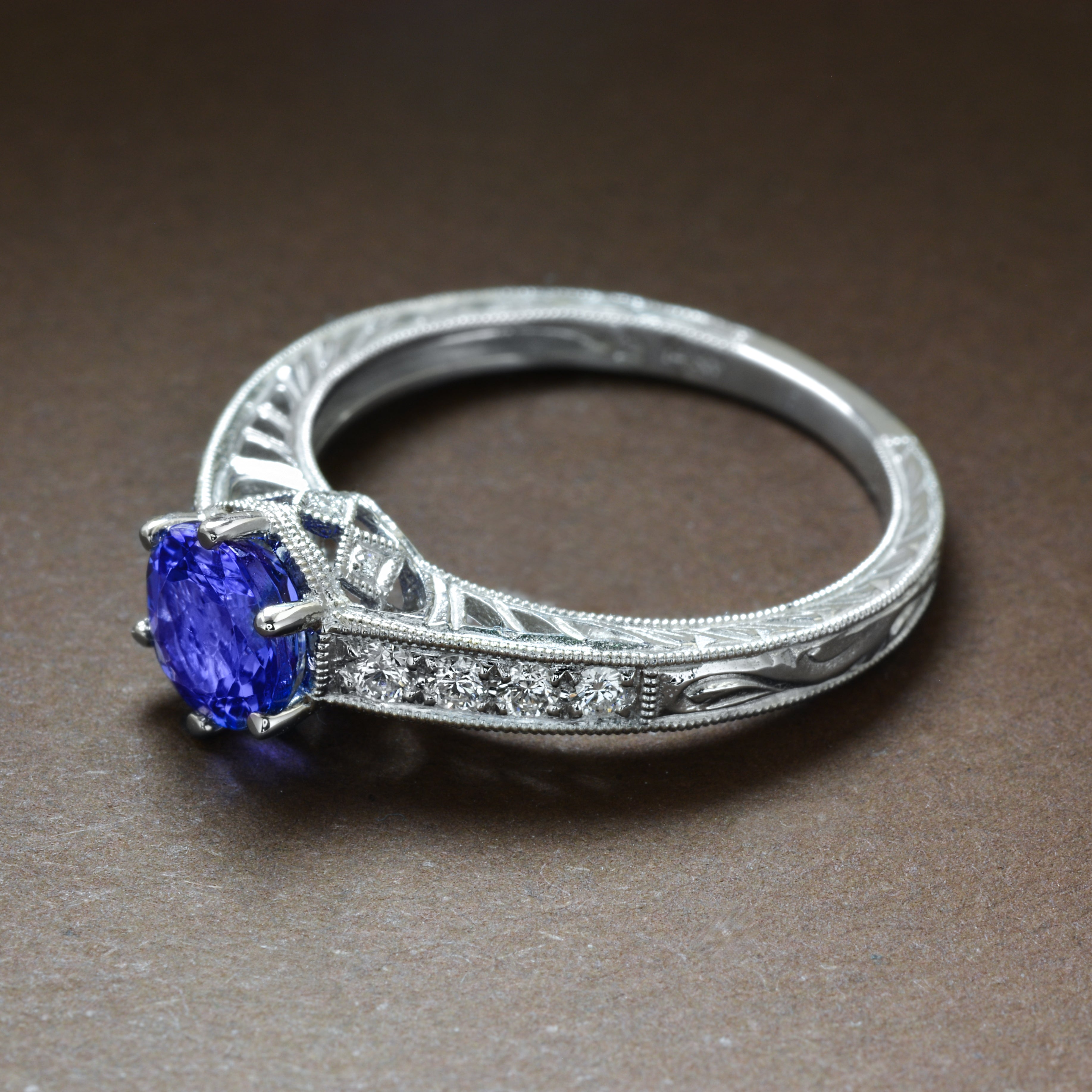 Platinum Blue Sapphire And Diamonds Engagement Ring 1.50 Carat Vintage  Antique Style Hand Engraved Halo Pave
